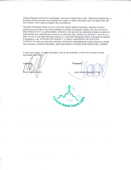 NOMBRAMIENTO FERNANDO RODRIGUEZ ROJAS COMO PATRONO Y CONSUL HONORIFICO FUNDACION Y MUSEO DE ARTE CONTEMPORÁNEO ANTONIO SEGOVIA LOBILLO