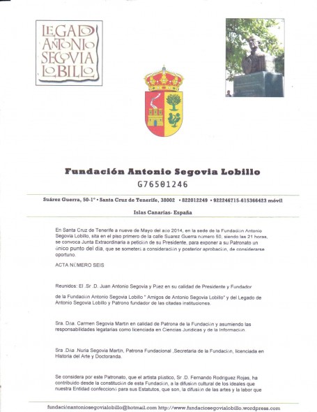 NOMBRAMIENTO FERNANDO RODRIGUEZ ROJAS COMO PATRONO Y CONSUL HONORIFICO FUNDACION Y MUSEO DE ARTE CONTEMPORÁNEO ANTONIO SEGOVIA LOBILLO