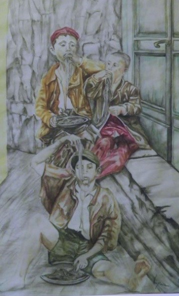Scugnizzi mangiano spaghetti (PRINTS ON CANVAS )